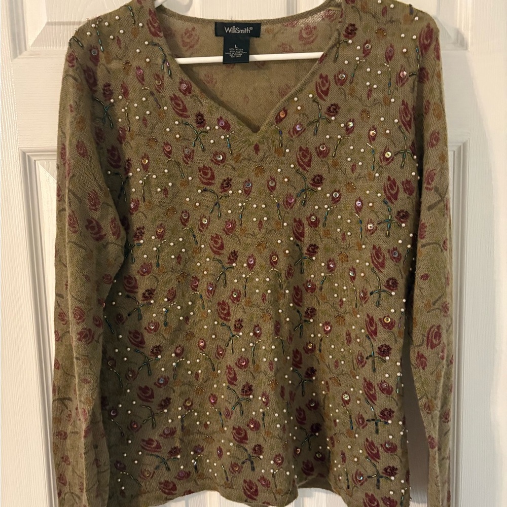 Willi Smith Beaded Floral Sweater Pearl Embellished Cottagecore Vintage Size L - Picture 2 of 7